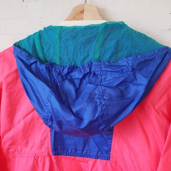 Columbia VTG Nylon Windbreaker Mens Size L Hot Pink Radial Sleeve 1/2 Zip Jacket - Picture 7 of 9
